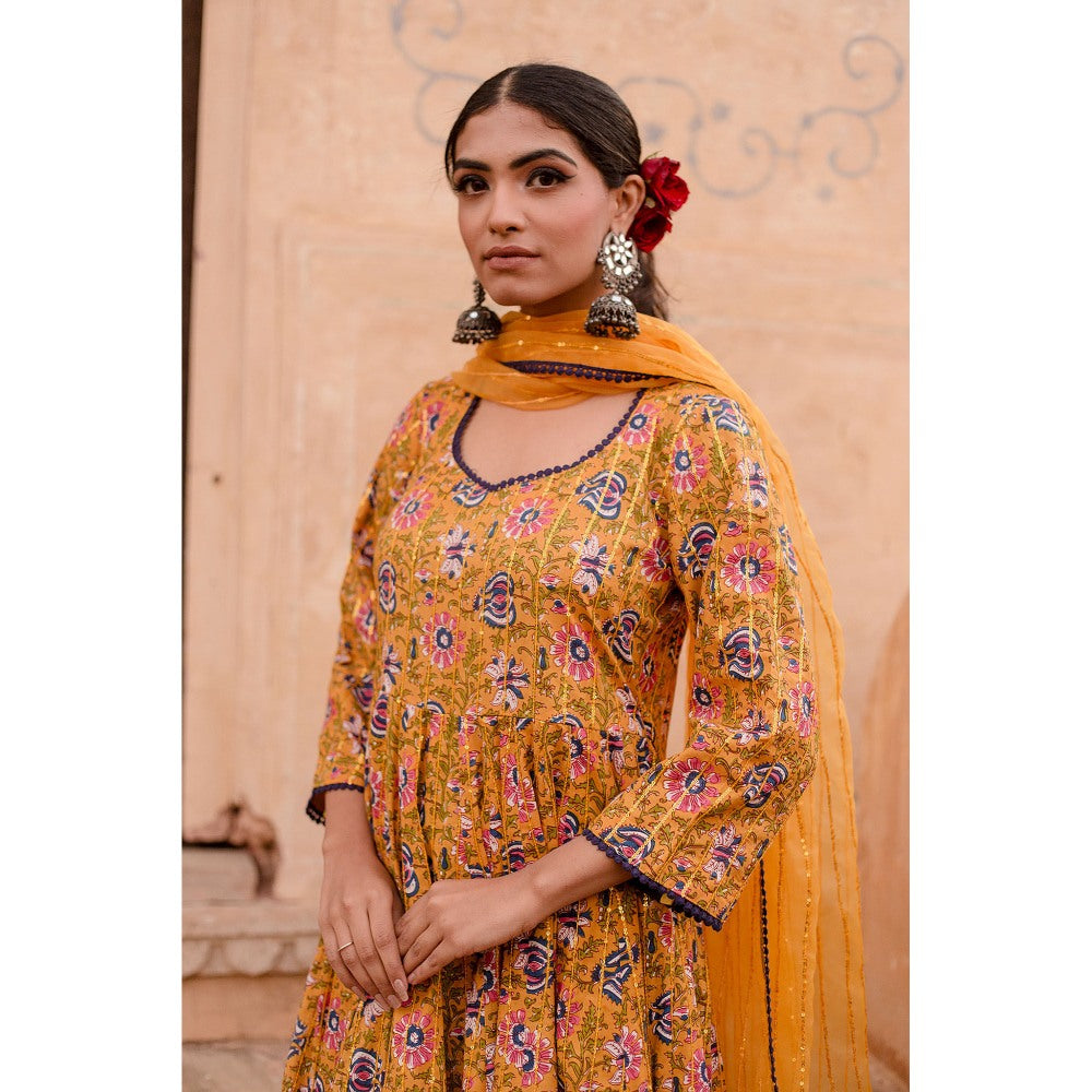 Gulabo Jaipur Prital Yellow Anarkali Kurta with Pants & Dupatta (Set of 3)