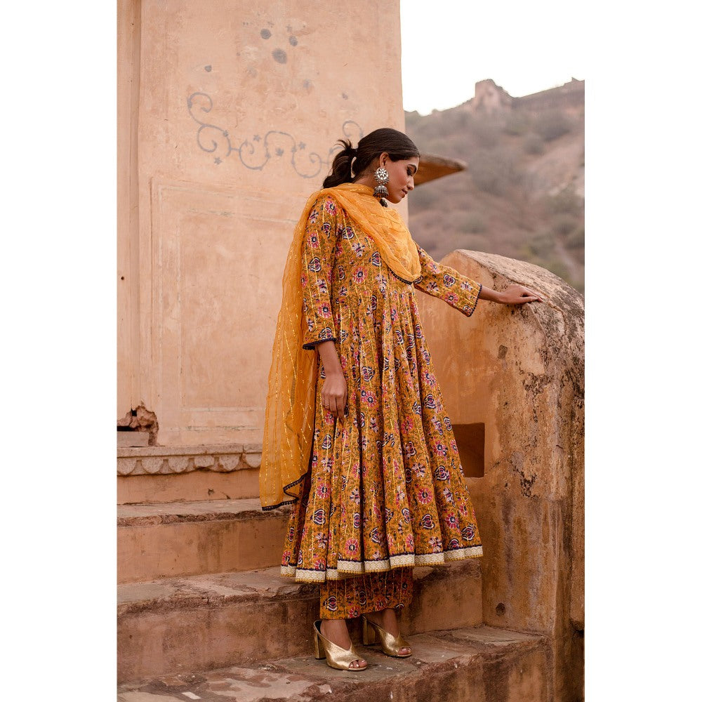 Gulabo Jaipur Prital Yellow Anarkali Kurta with Pants & Dupatta (Set of 3)