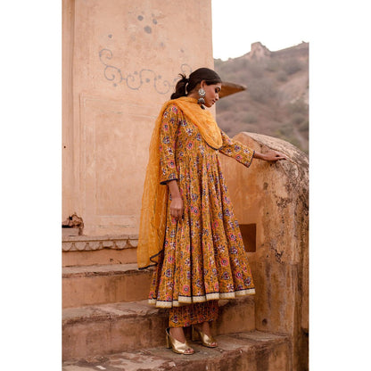 Gulabo Jaipur Prital Yellow Anarkali Kurta with Pants & Dupatta (Set of 3)