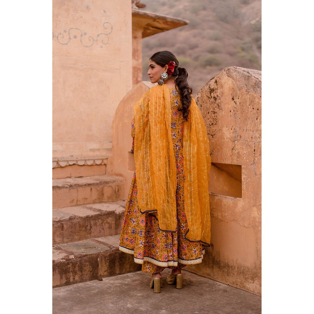 Gulabo Jaipur Prital Yellow Anarkali Kurta with Pants & Dupatta (Set of 3)