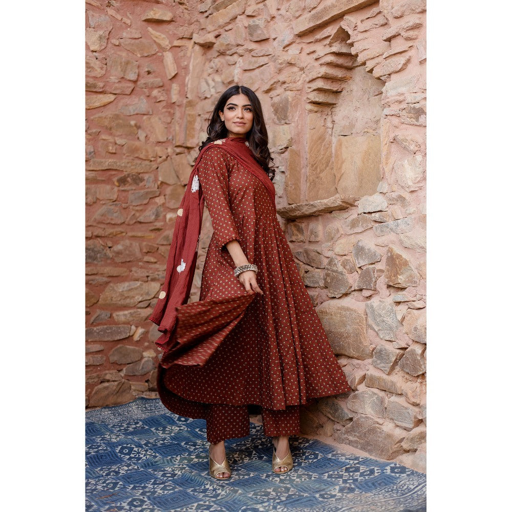 Gulabo Jaipur Padma Brown Anarkali Kurta with Pants & Dupatta (Set of 3)