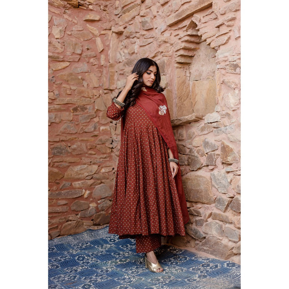 Gulabo Jaipur Padma Brown Anarkali Kurta with Pants & Dupatta (Set of 3)