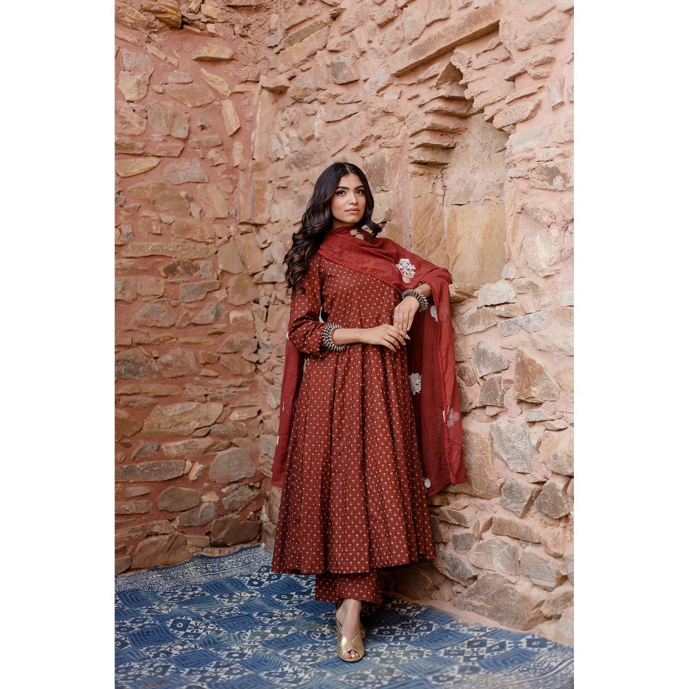 Gulabo Jaipur Padma Brown Anarkali Kurta with Pants & Dupatta (Set of 3)