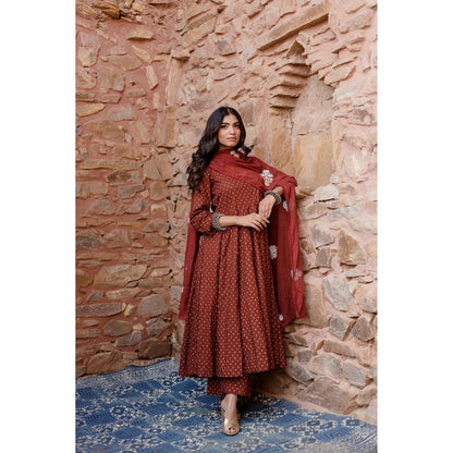 Gulabo Jaipur Padma Brown Anarkali Kurta with Pants & Dupatta (Set of 3)