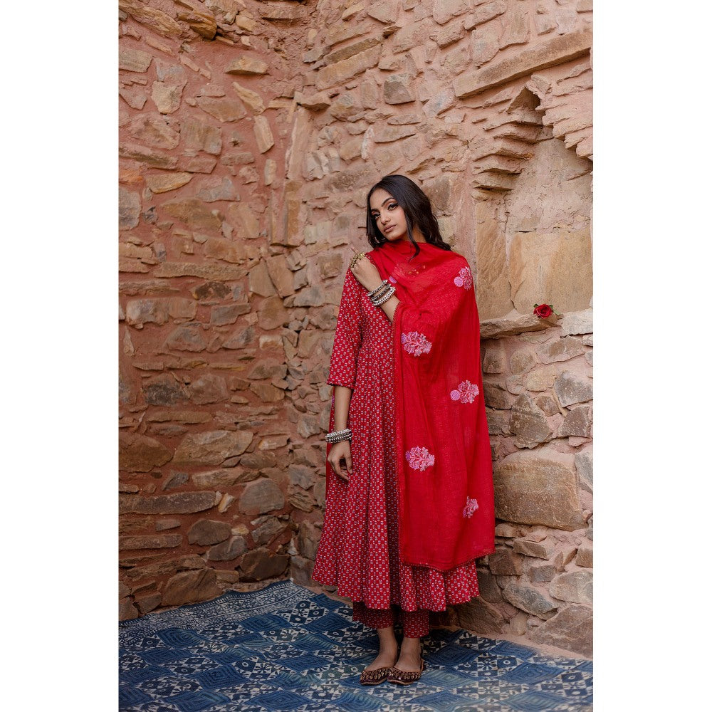 Gulabo Jaipur Padma Red Anarkali Kurta with Pants & Dupatta (Set of 3)