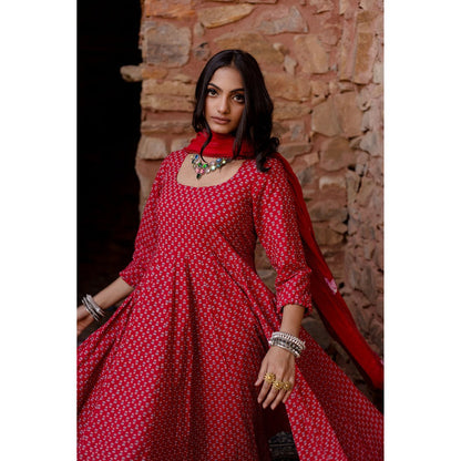Gulabo Jaipur Padma Red Anarkali Kurta with Pants & Dupatta (Set of 3)