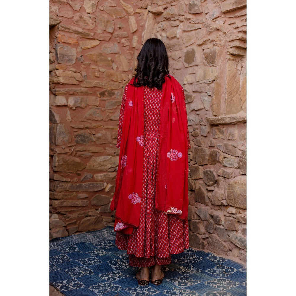 Gulabo Jaipur Padma Red Anarkali Kurta with Pants & Dupatta (Set of 3)
