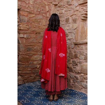 Gulabo Jaipur Padma Red Anarkali Kurta with Pants & Dupatta (Set of 3)