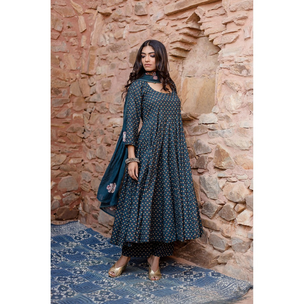Gulabo Jaipur Padma Navy Blue Anarkali Kurta with Pants & Dupatta (Set of 3)