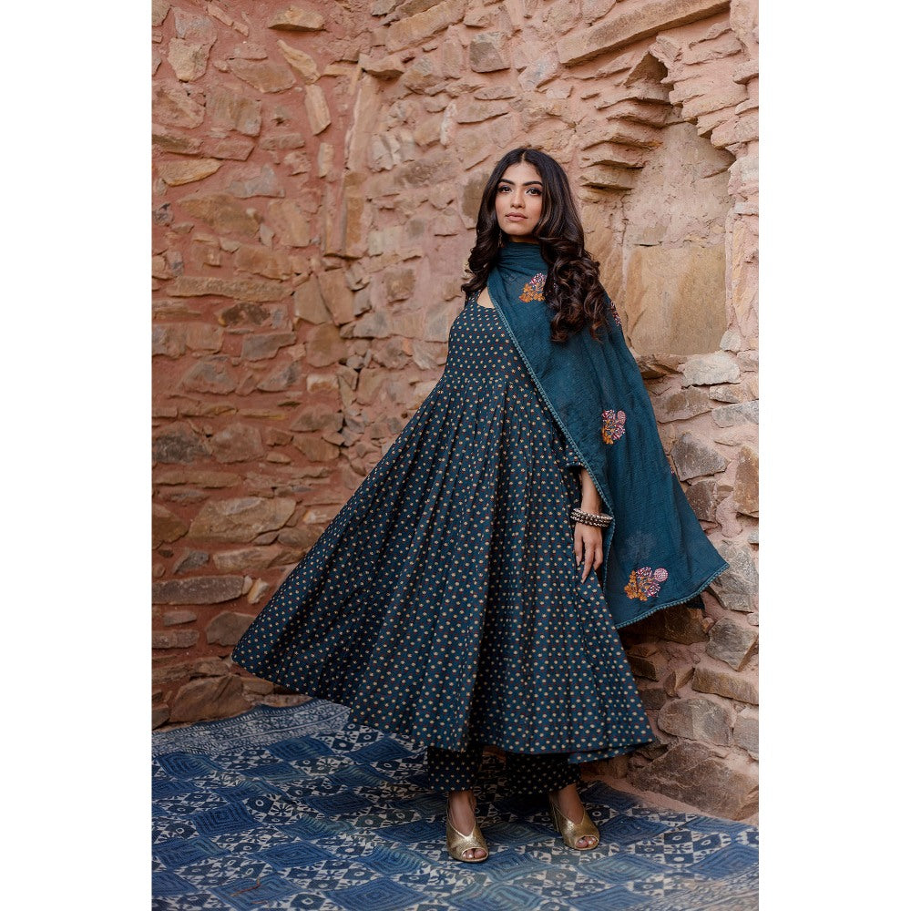 Gulabo Jaipur Padma Navy Blue Anarkali Kurta with Pants & Dupatta (Set of 3)