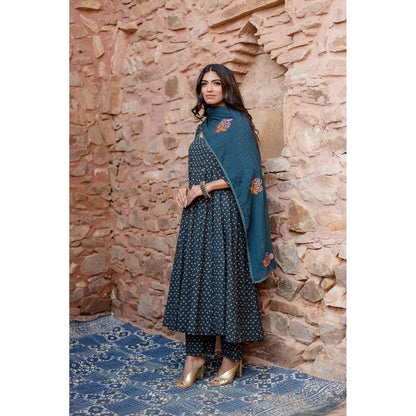 Gulabo Jaipur Padma Navy Blue Anarkali Kurta with Pants & Dupatta (Set of 3)