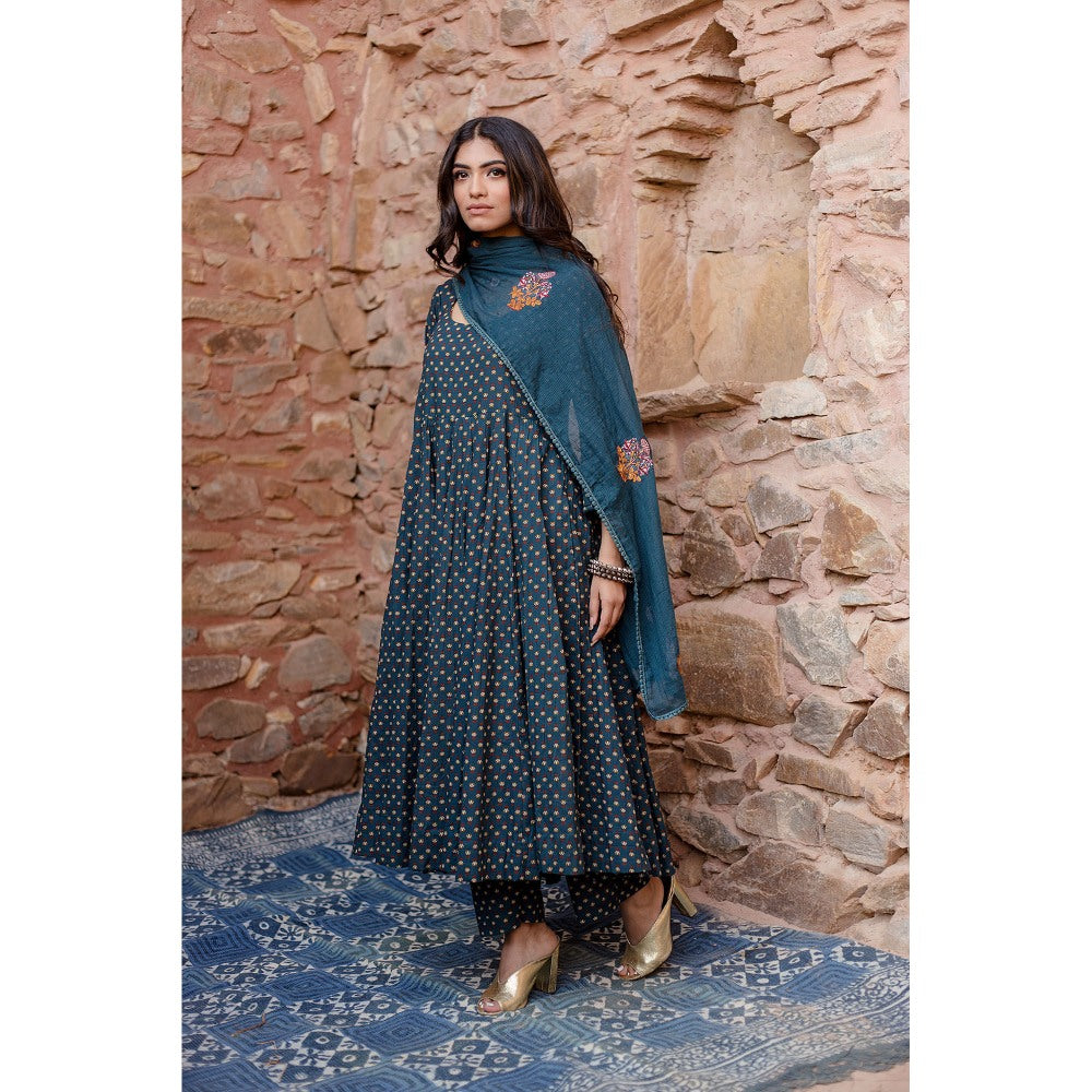 Gulabo Jaipur Padma Navy Blue Anarkali Kurta with Pants & Dupatta (Set of 3)
