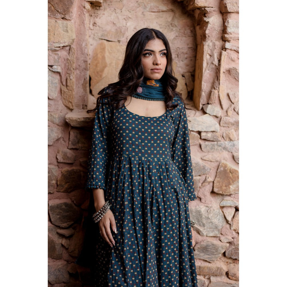 Gulabo Jaipur Padma Navy Blue Anarkali Kurta with Pants & Dupatta (Set of 3)