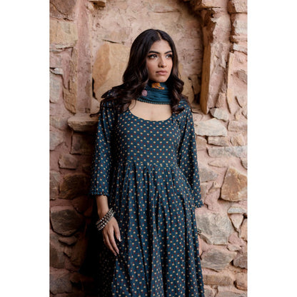 Gulabo Jaipur Padma Navy Blue Anarkali Kurta with Pants & Dupatta (Set of 3)