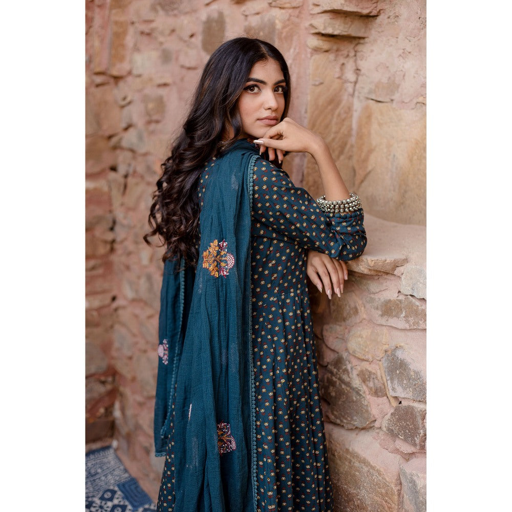 Gulabo Jaipur Padma Navy Blue Anarkali Kurta with Pants & Dupatta (Set of 3)