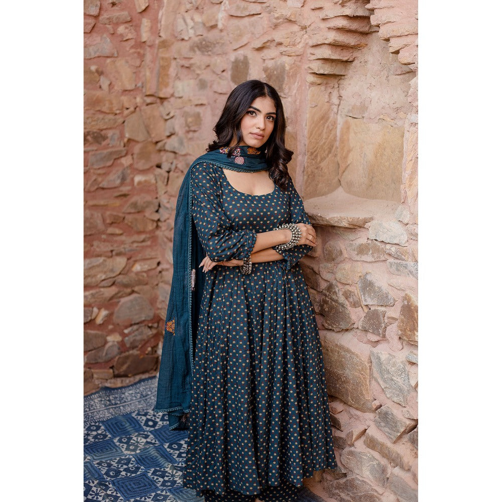 Gulabo Jaipur Padma Navy Blue Anarkali Kurta with Pants & Dupatta (Set of 3)