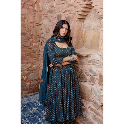 Gulabo Jaipur Padma Navy Blue Anarkali Kurta with Pants & Dupatta (Set of 3)