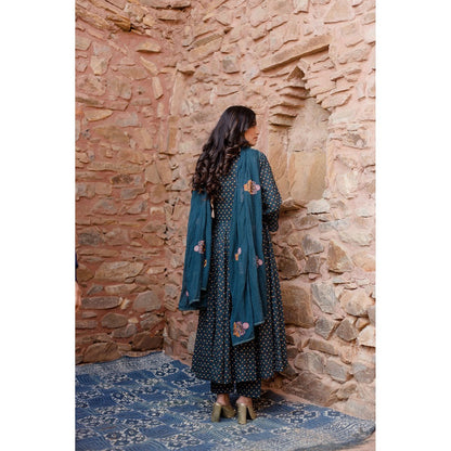 Gulabo Jaipur Padma Navy Blue Anarkali Kurta with Pants & Dupatta (Set of 3)