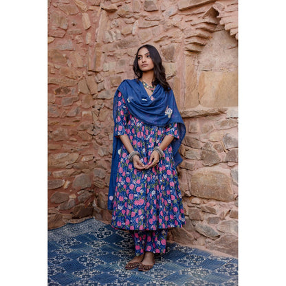 Gulabo Jaipur Meena Blue Anarkali Kurta with Pants & Dupatta (Set of 3)