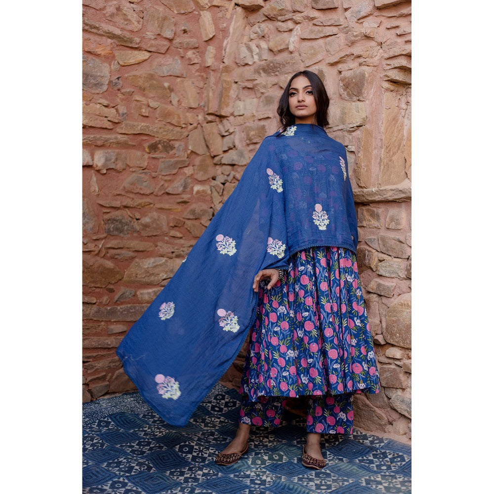 Gulabo Jaipur Meena Blue Anarkali Kurta with Pants & Dupatta (Set of 3)