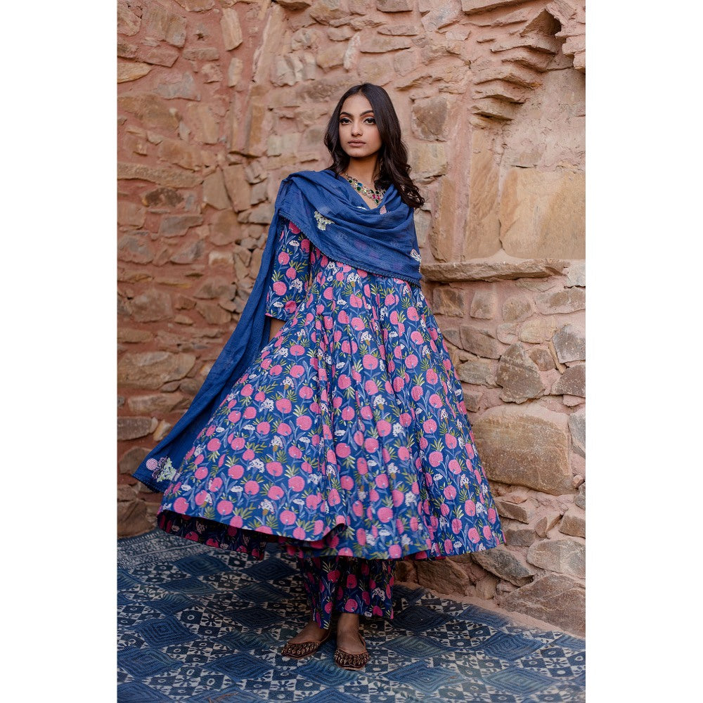 Gulabo Jaipur Meena Blue Anarkali Kurta with Pants & Dupatta (Set of 3)