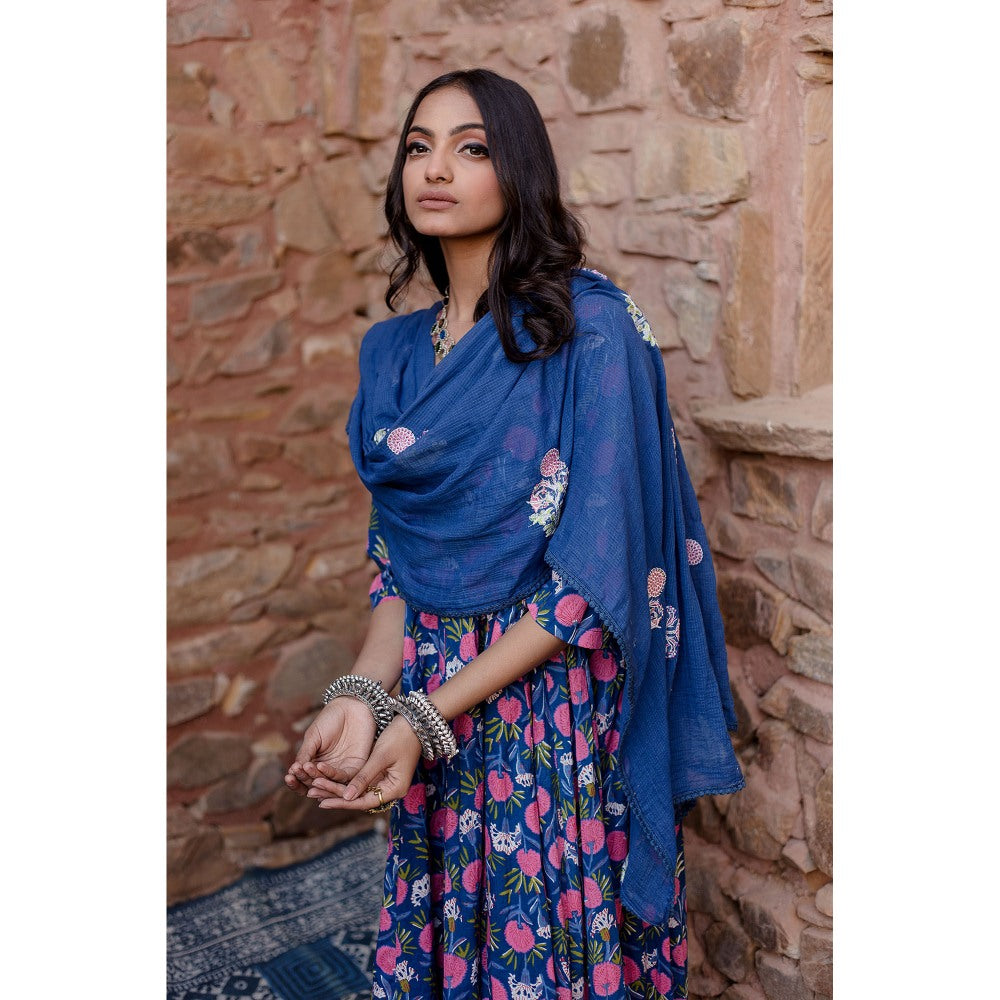 Gulabo Jaipur Meena Blue Anarkali Kurta with Pants & Dupatta (Set of 3)