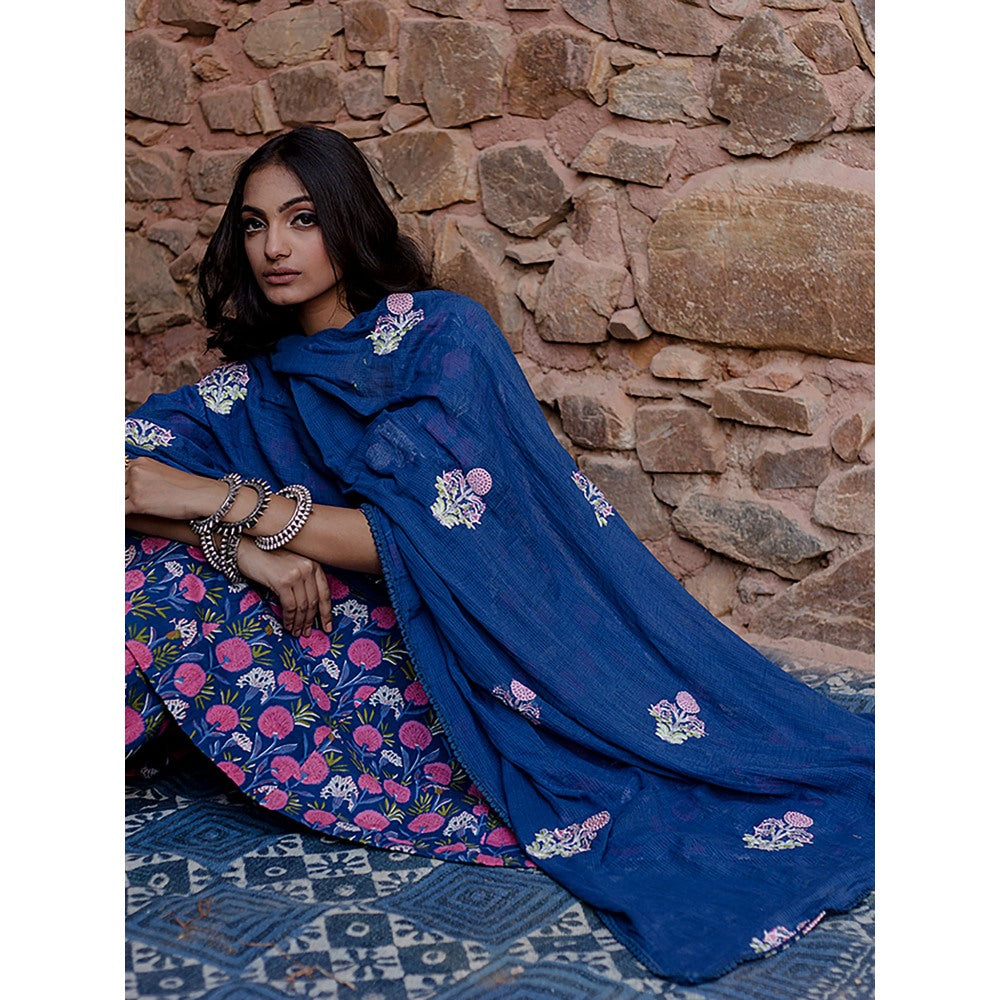 Gulabo Jaipur Meena Blue Anarkali Kurta with Pants & Dupatta (Set of 3)