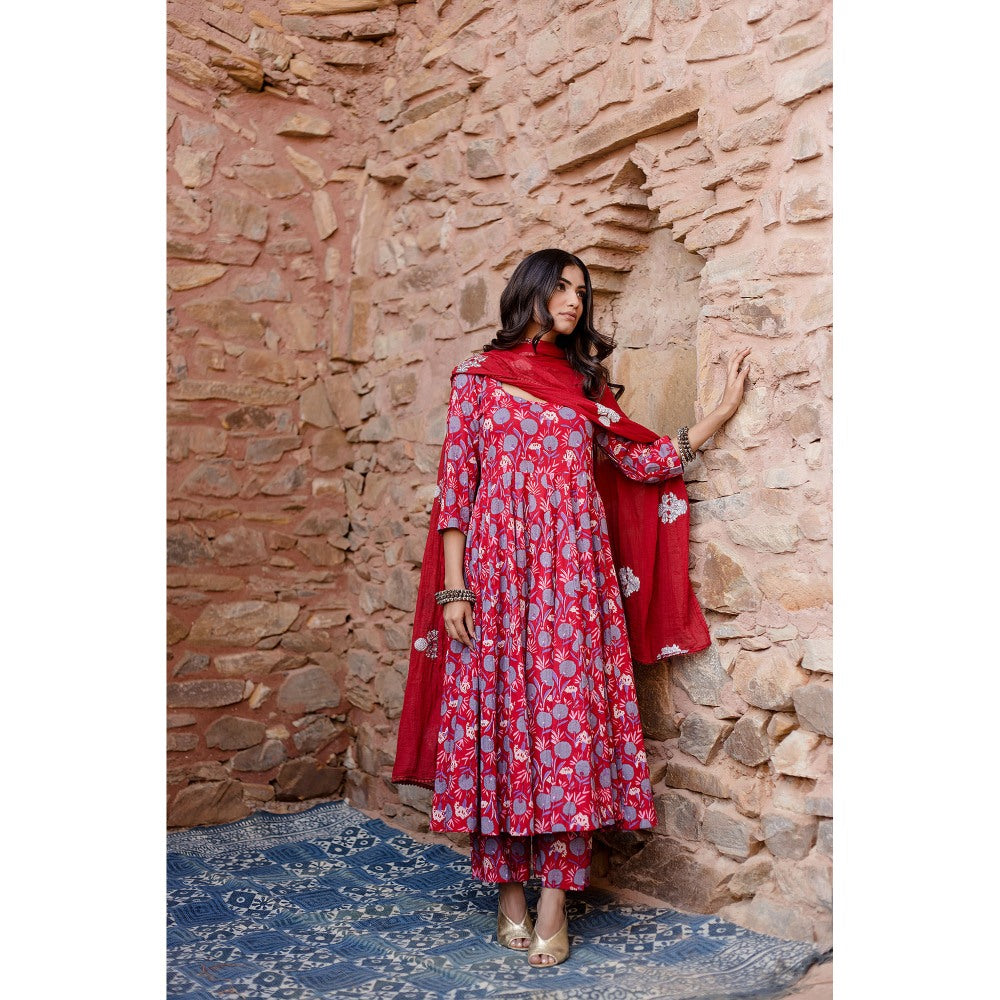 Gulabo Jaipur Meena Red Anarkali Kurta with Pants & Dupatta (Set of 3)