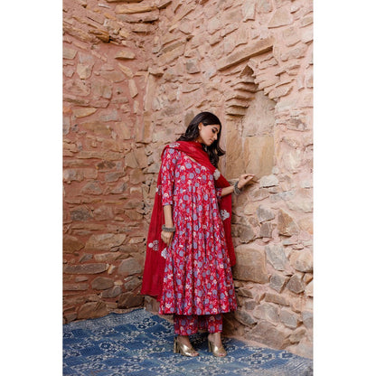 Gulabo Jaipur Meena Red Anarkali Kurta with Pants & Dupatta (Set of 3)
