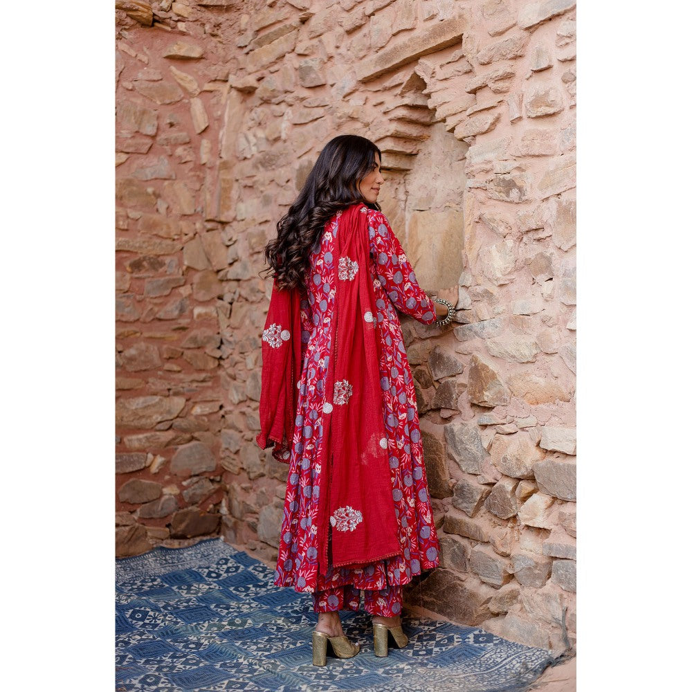 Gulabo Jaipur Meena Red Anarkali Kurta with Pants & Dupatta (Set of 3)
