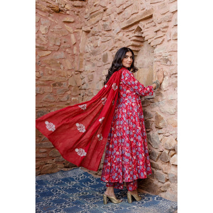 Gulabo Jaipur Meena Red Anarkali Kurta with Pants & Dupatta (Set of 3)