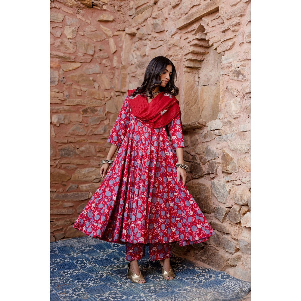 Gulabo Jaipur Meena Red Anarkali Kurta with Pants & Dupatta (Set of 3)