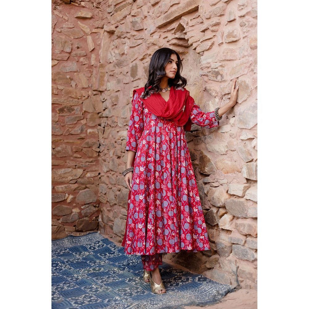 Gulabo Jaipur Meena Red Anarkali Kurta with Pants & Dupatta (Set of 3)