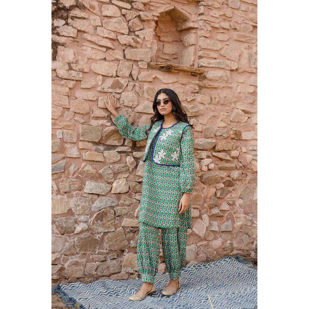 Gulabo Jaipur Qia Green Kurta with Pants & Jacket (Set of 3)