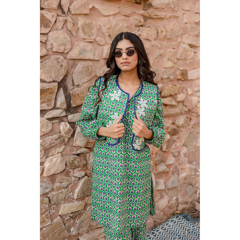 Gulabo Jaipur Qia Green Kurta with Pants & Jacket (Set of 3)