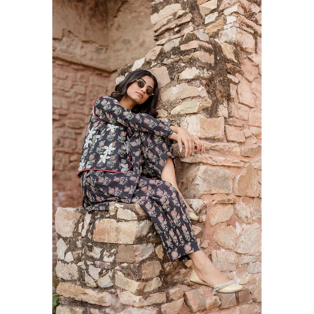 Gulabo Jaipur Qia Black Kurta with Pants & Jacket (Set of 3)