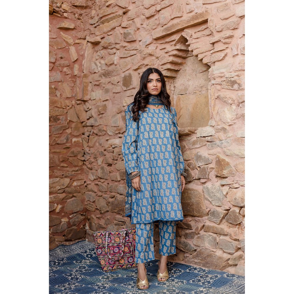 Gulabo Jaipur Kayal Blue Kurta with Pants & Dupatta (Set of 3)