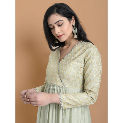 HAAVI BY PURAB Women Green Chanderi Silk Embroidered Kurta with Palazzo
