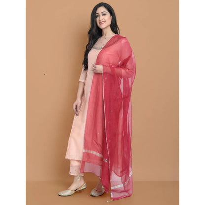 HAAVI BY PURAB Women Peach Chanderi Silk Embroidered Kurta with Palazzo