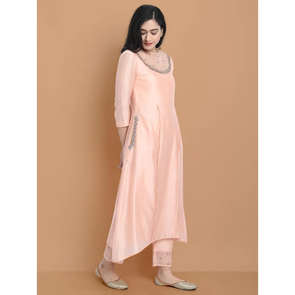 HAAVI BY PURAB Women Peach Chanderi Silk Embroidered Kurta with Palazzo