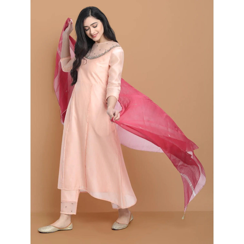 HAAVI BY PURAB Women Peach Chanderi Silk Embroidered Kurta with Palazzo