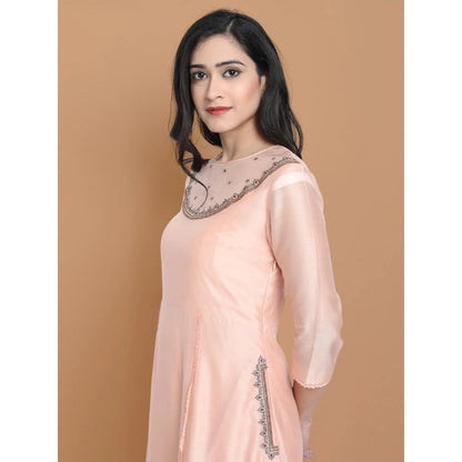 HAAVI BY PURAB Women Peach Chanderi Silk Embroidered Kurta with Palazzo