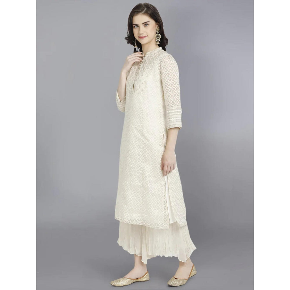 HAAVI BY PURAB Women Ivory Jacquard Embroidered Kurta with Palazzo
