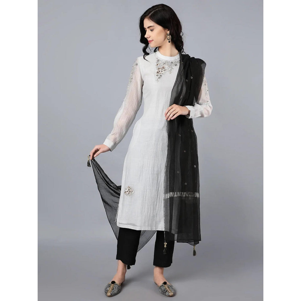 HAAVI BY PURAB Women Grey Chanderi Silk Embroidered Kurta with Palazzo