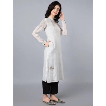 HAAVI BY PURAB Women Grey Chanderi Silk Embroidered Kurta with Palazzo