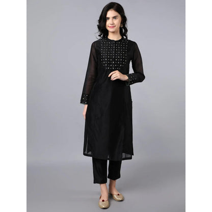 HAAVI BY PURAB Women Black Chanderi Embroidered Kurta with Pant
