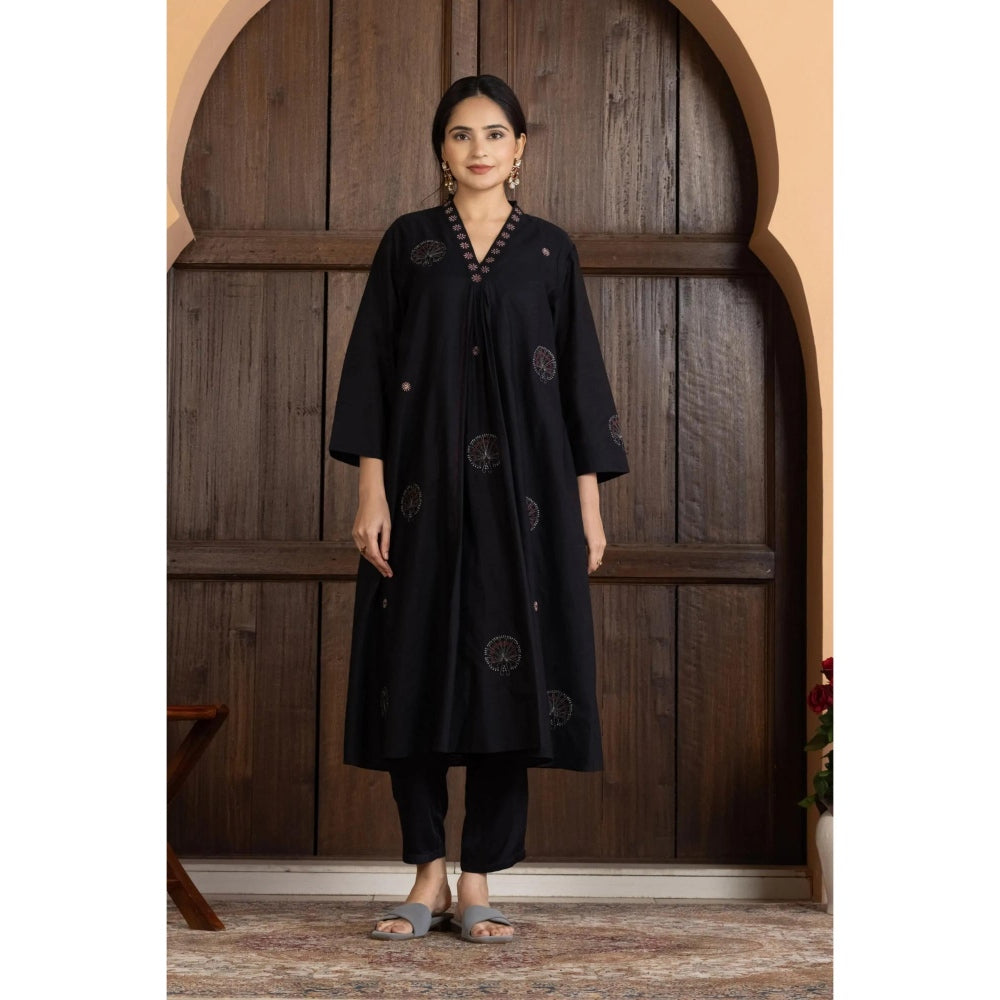 HAAVI BY PURAB Women Black Chanderi Silk Embroidered Kurta with Palazzo
