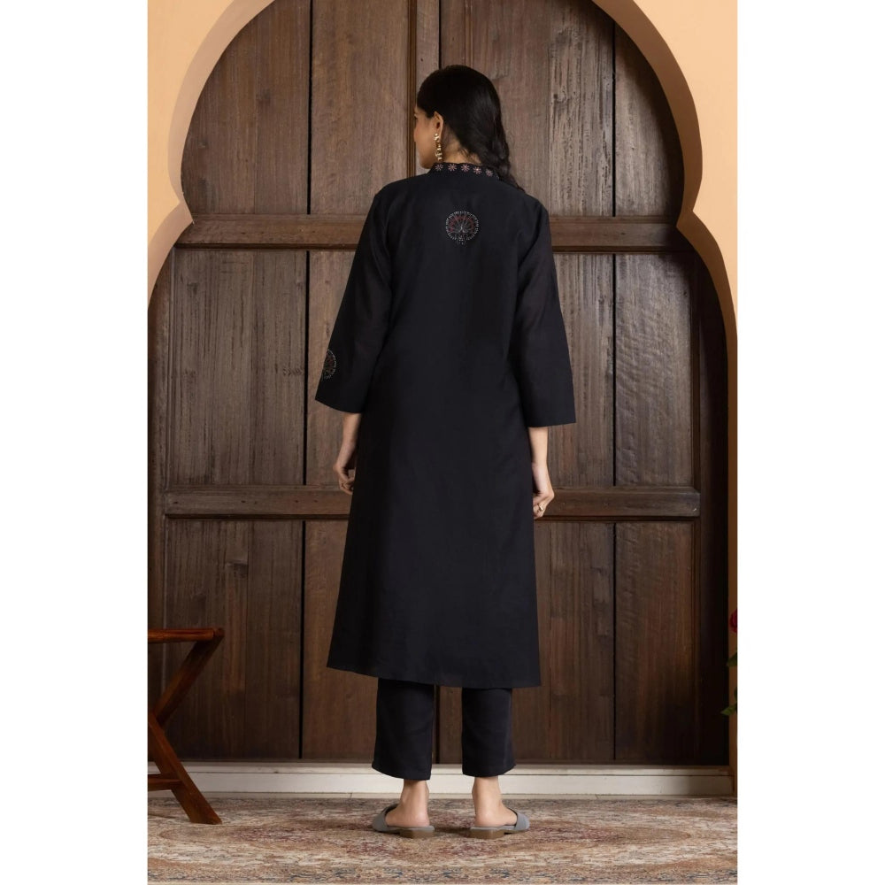 HAAVI BY PURAB Women Black Chanderi Silk Embroidered Kurta with Palazzo