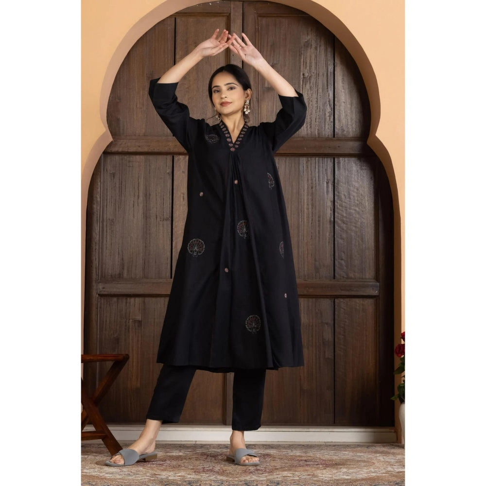 HAAVI BY PURAB Women Black Chanderi Silk Embroidered Kurta with Palazzo