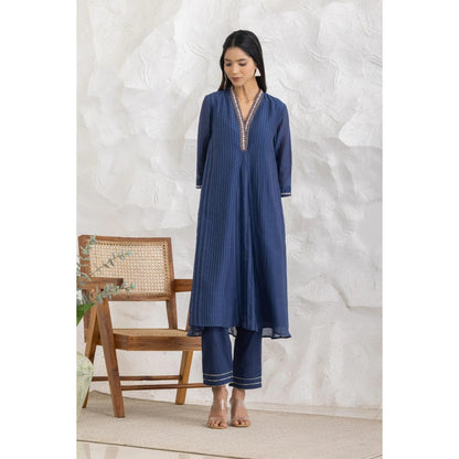 HAAVI BY PURAB Women Blue Chanderi Silk Embroidered Kurta with Palazzo